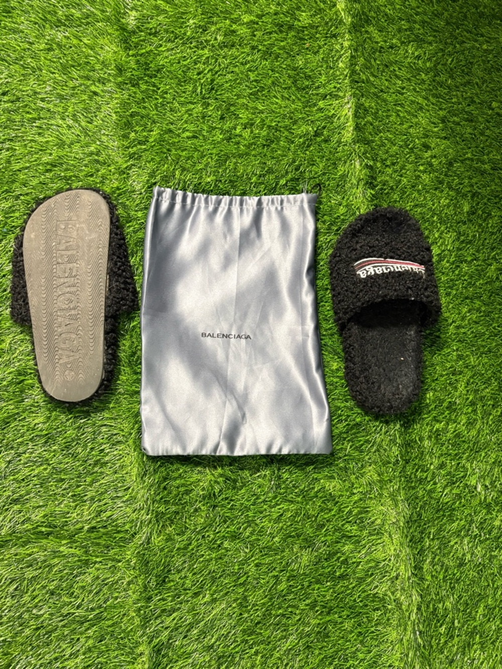 Balenciaga Black Furry Slide Sandals with Logo Accent